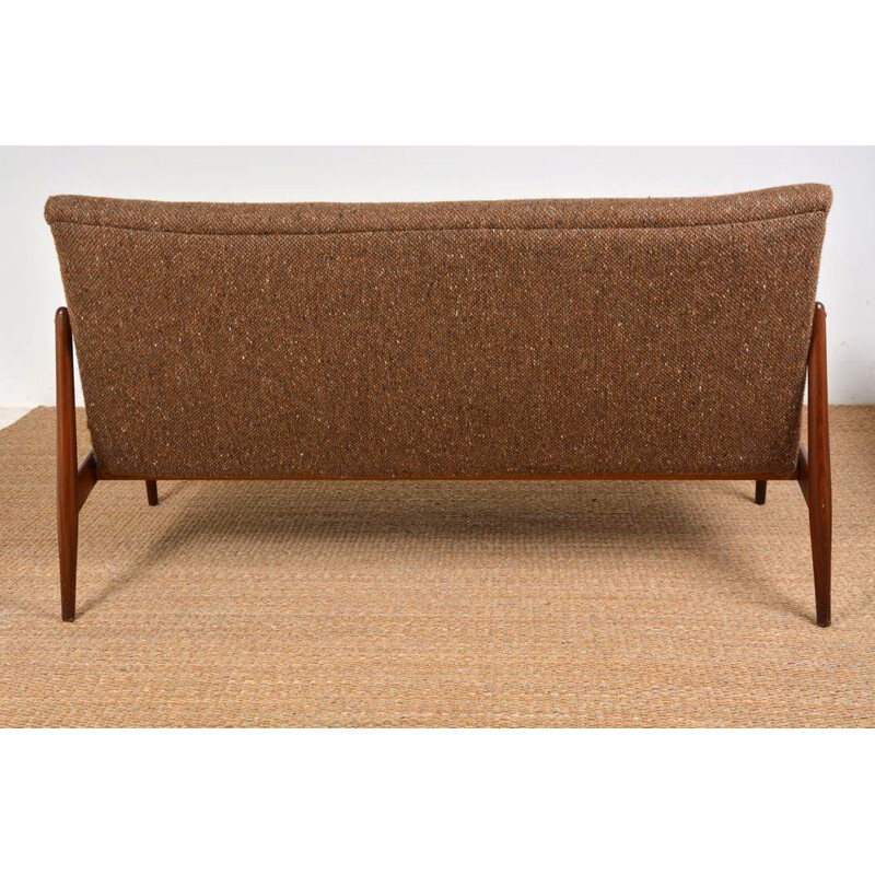 Scandinavian vintage 2 seater brown wool and teak sofa, 1950s