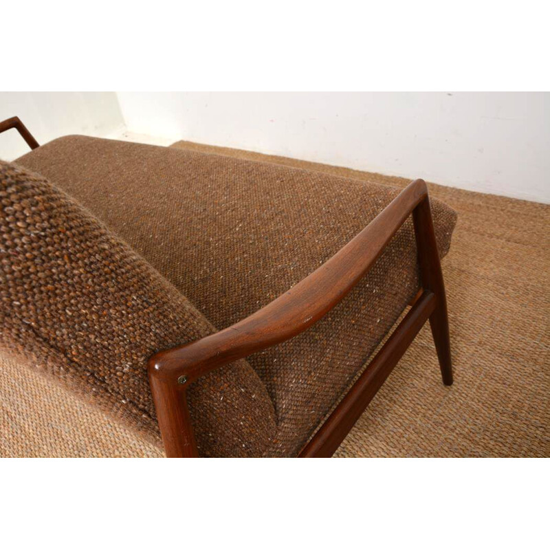 Canapé scandinave vintage 2 places en laine marron et teck, 1950