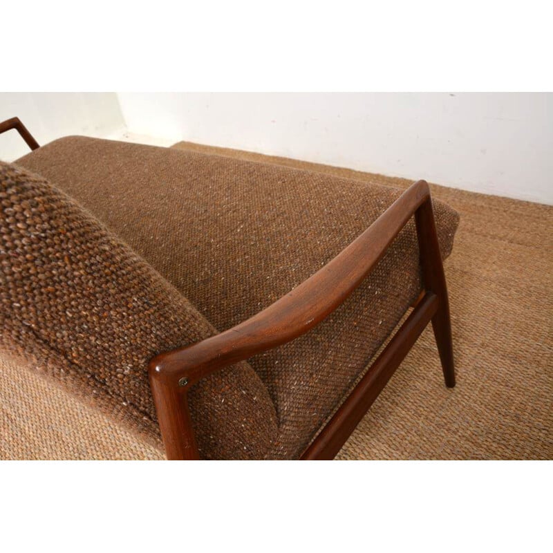 Scandinavian vintage 2 seater brown wool and teak sofa, 1950s