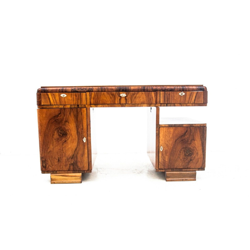 Art Deco mid century walnut desk, Poland 1940s