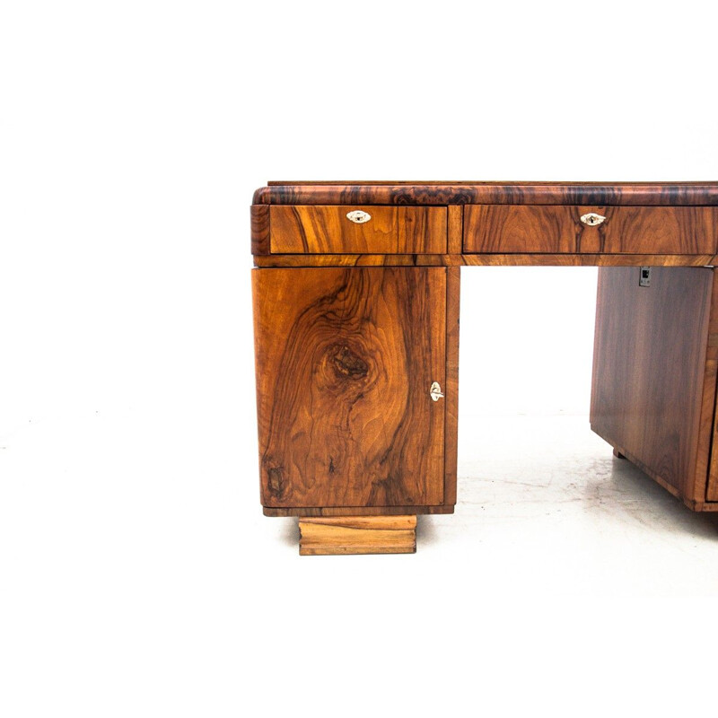 Art Deco mid century walnut desk, Poland 1940s