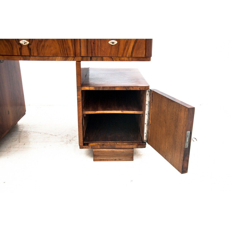 Art Deco mid century walnut desk, Poland 1940s