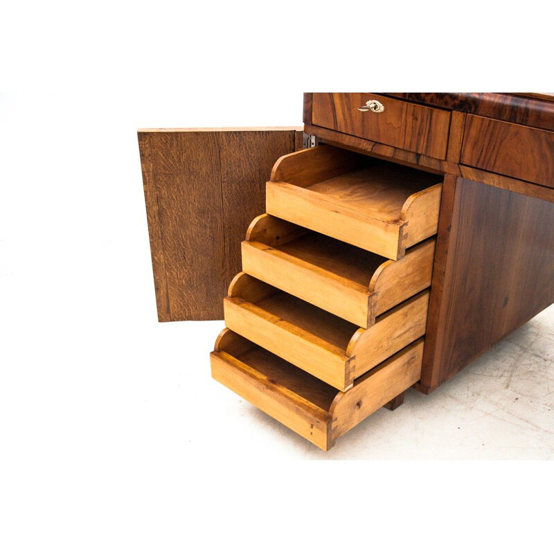 Art Deco mid century walnut desk, Poland 1940s