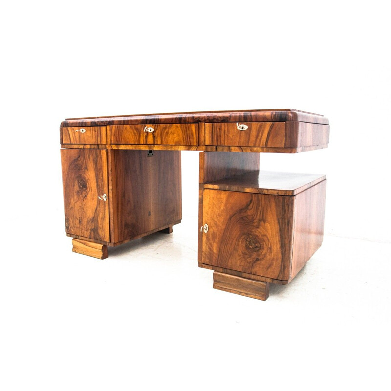 Art Deco mid century walnut desk, Poland 1940s