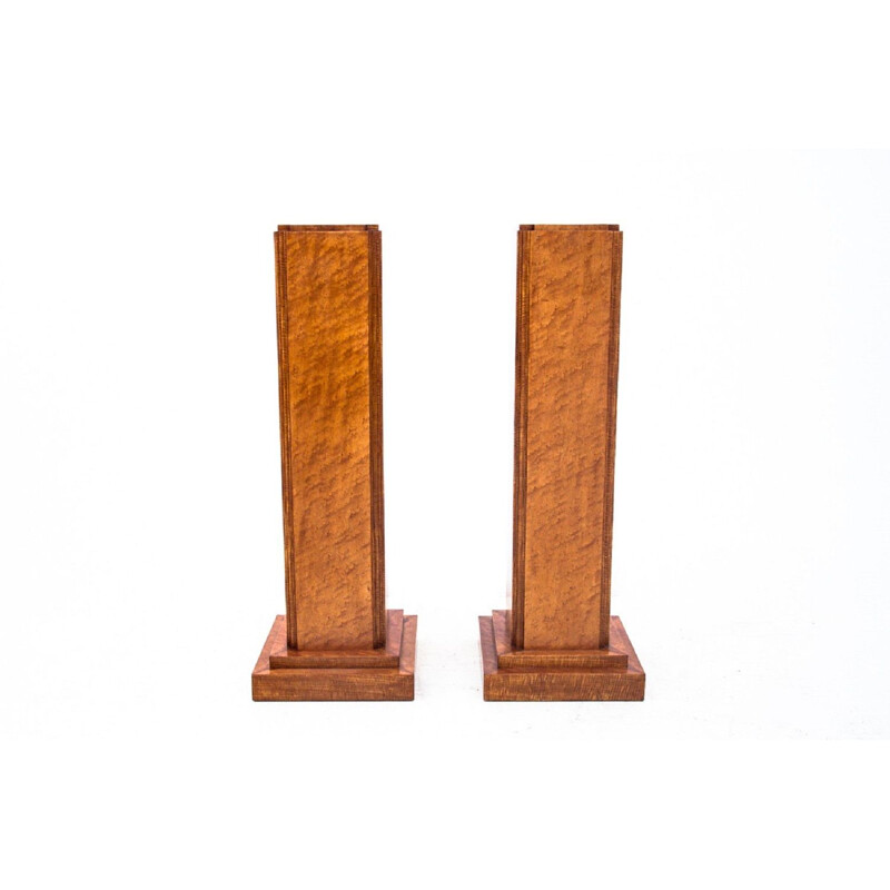 Pair of vintage walnut plinths with flower carving, Art Deco
