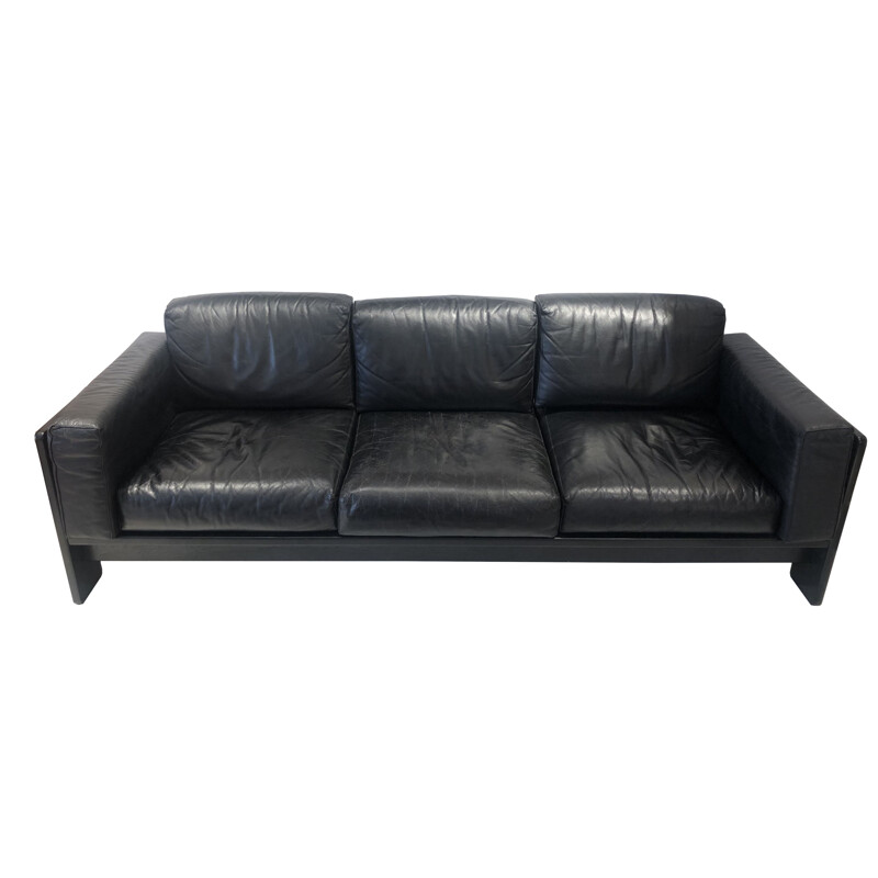 Vintage "Bastiano" 3 seater sofa in black leather by Tobia Scarpa for Knoll, Italy 1960