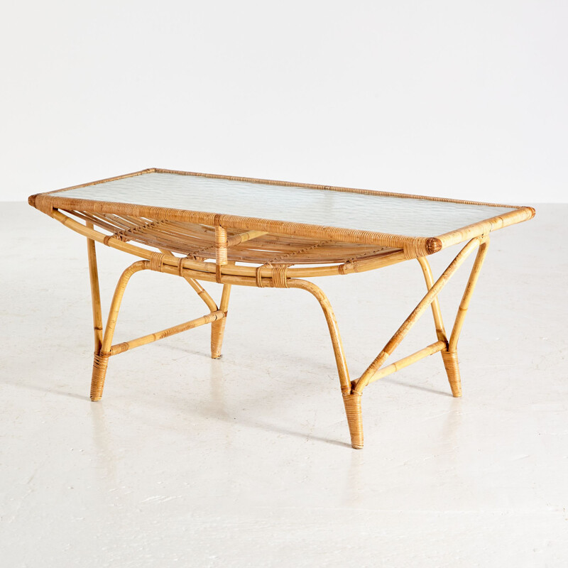 Table basse vintage en bambou et verre