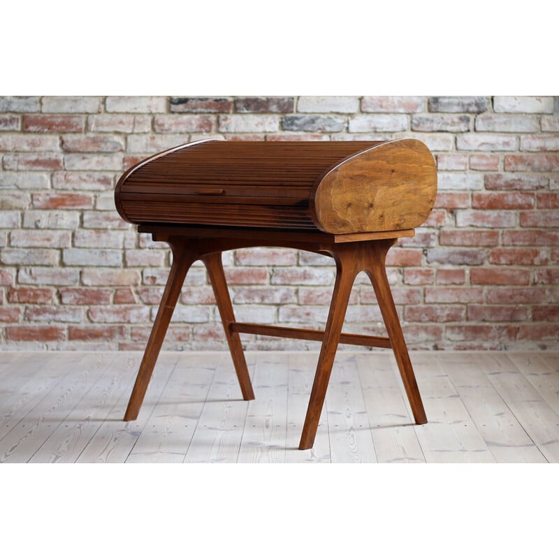 Vintage walnut veneer desk with castors, Poland 1950