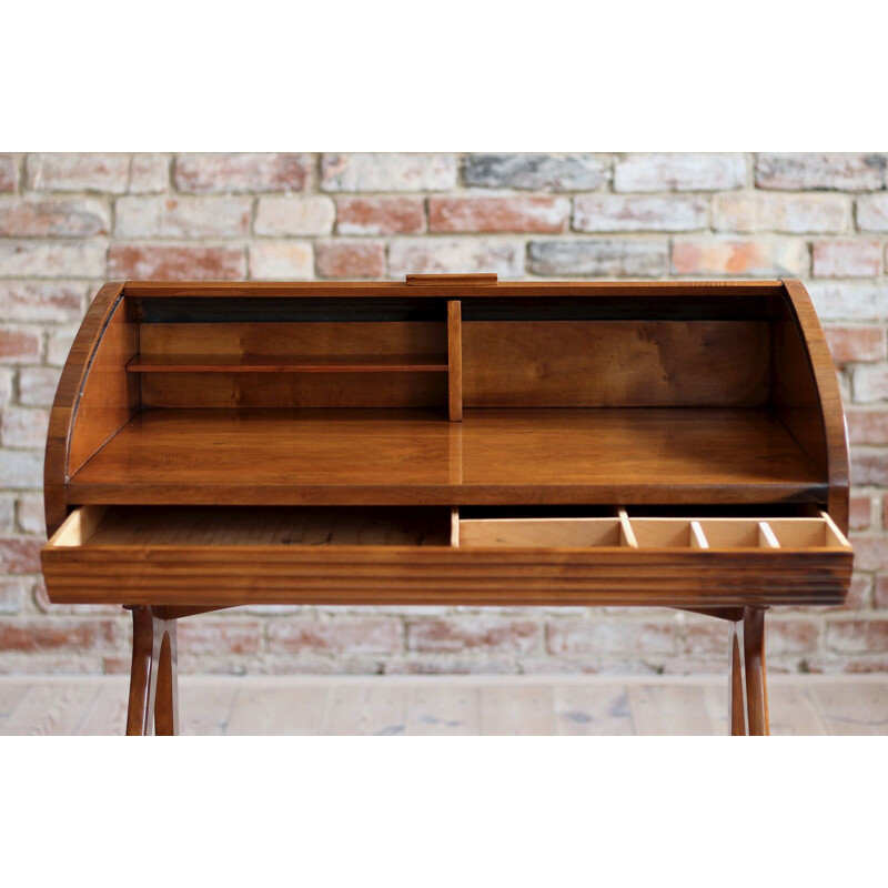 Vintage walnut veneer desk with castors, Poland 1950