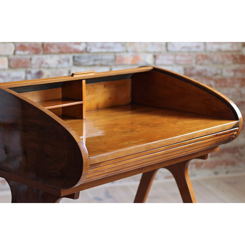 Vintage walnut veneer desk with castors, Poland 1950