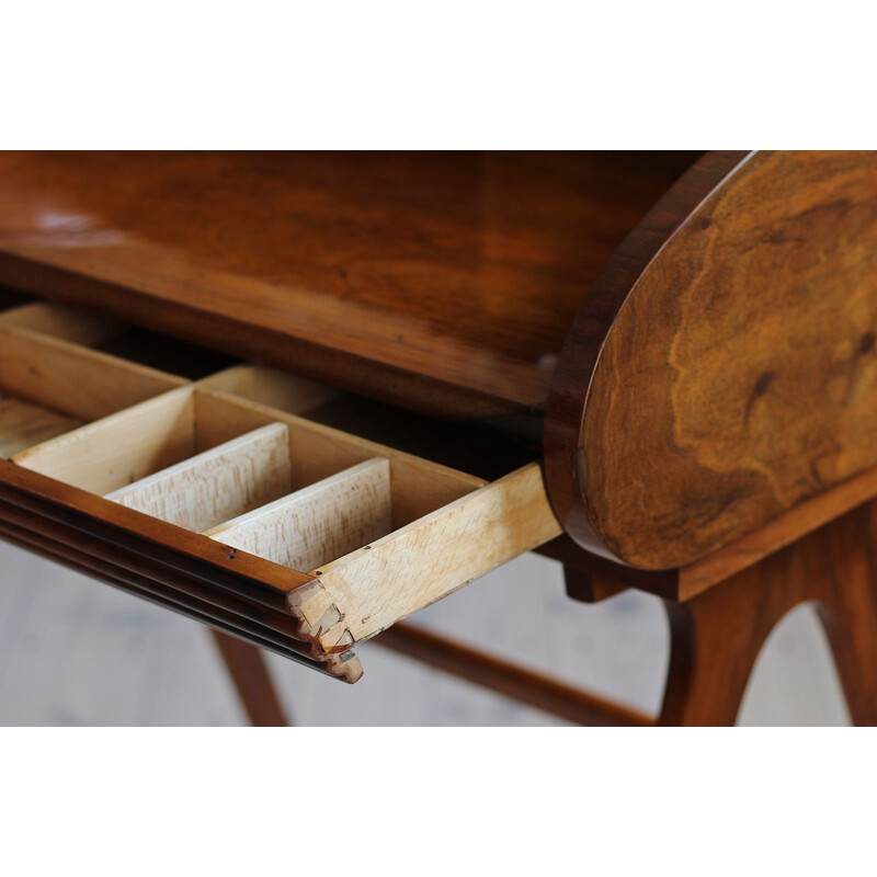 Vintage walnut veneer desk with castors, Poland 1950