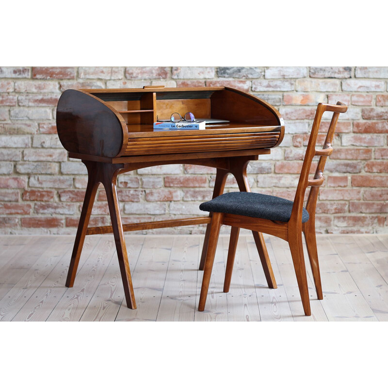 Vintage walnut veneer desk with castors, Poland 1950