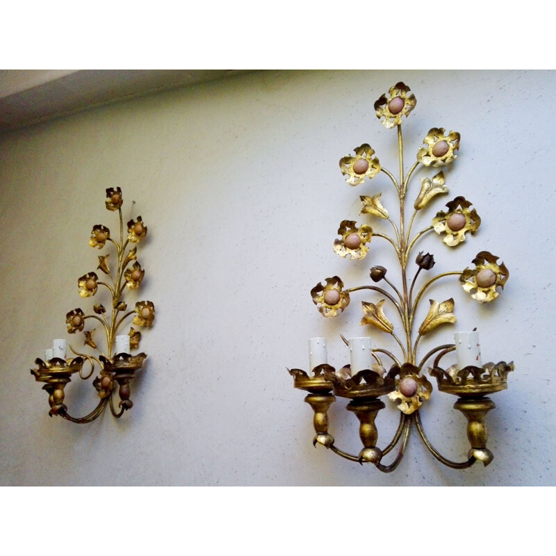 Pair of vintage gilt metal sconces, Italy 1950