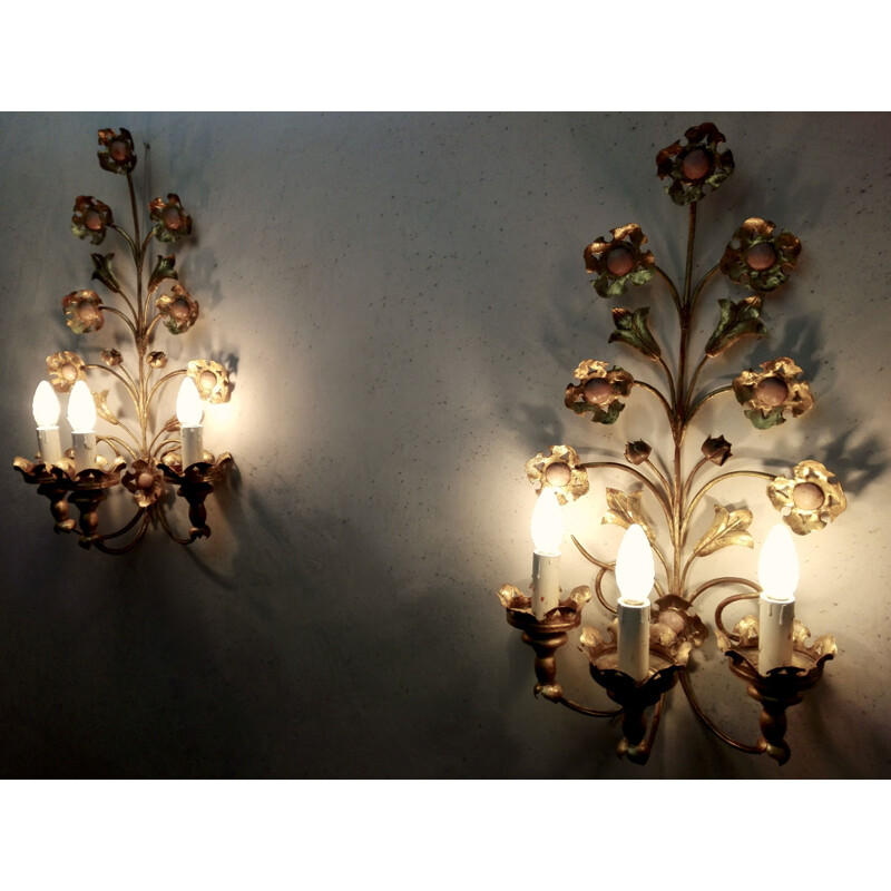 Pair of vintage gilt metal sconces, Italy 1950