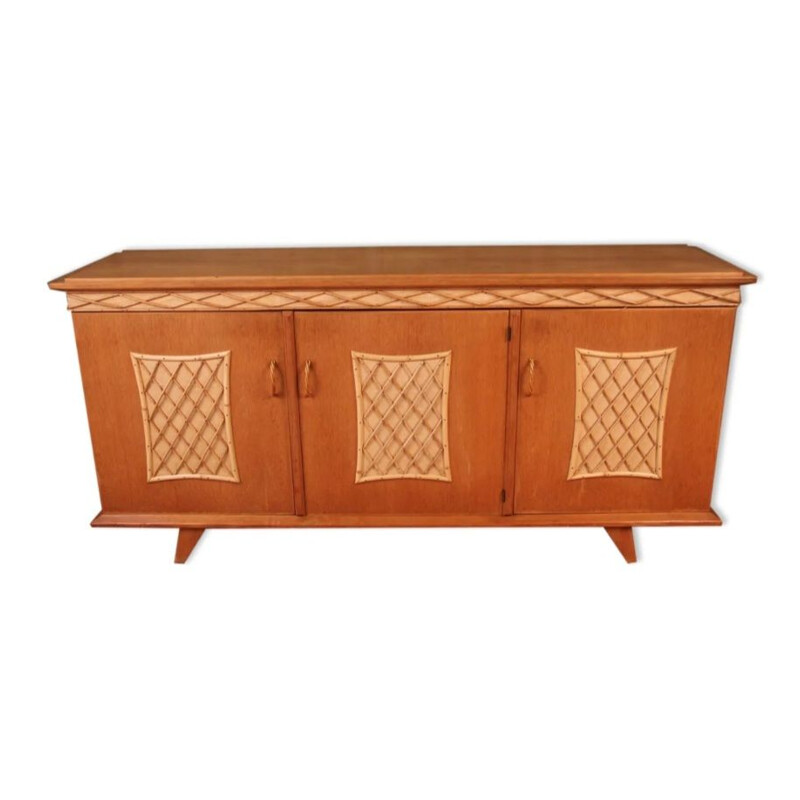 Vintage rattan & wood sideboard, 1960-1970s