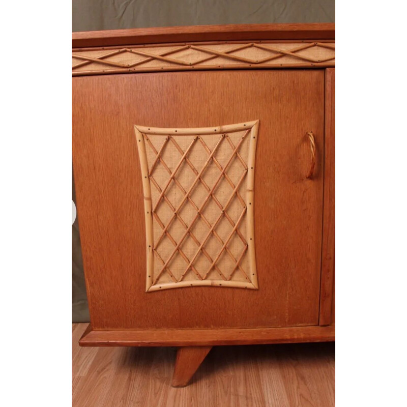 Vintage rattan & wood sideboard, 1960-1970s