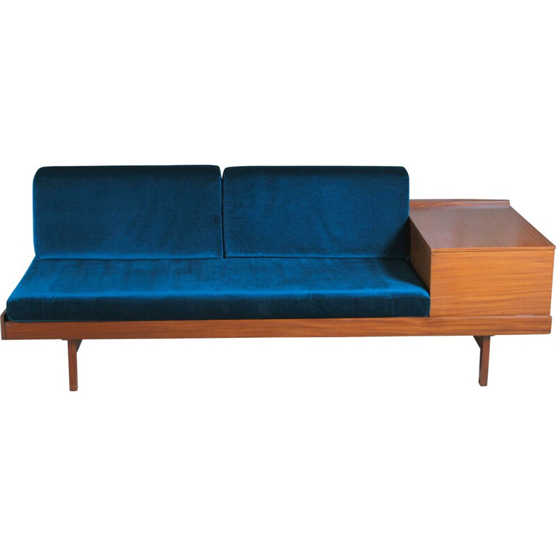 Vintage teak sofa with teal velvet cushions, British 1960