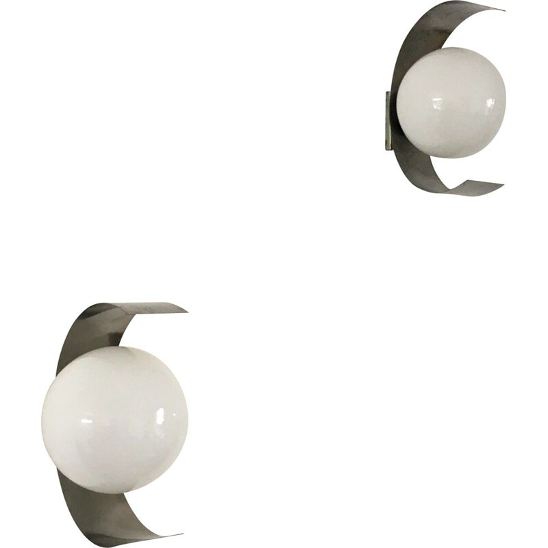 Pair of vintage stainless steel and white opal wall lamps, 1970