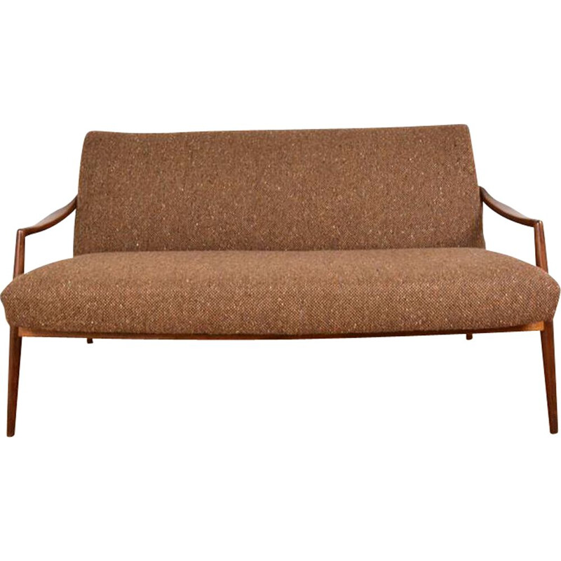 Scandinavian vintage 2 seater brown wool and teak sofa, 1950s