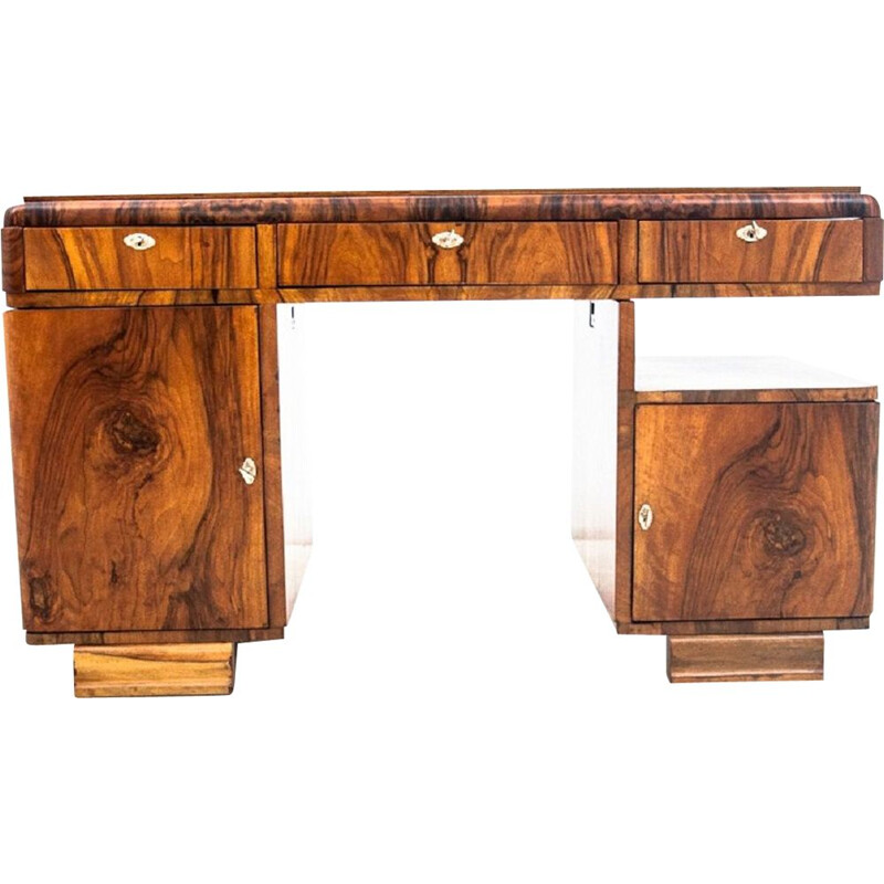 Art Deco mid century walnut desk, Poland 1940s