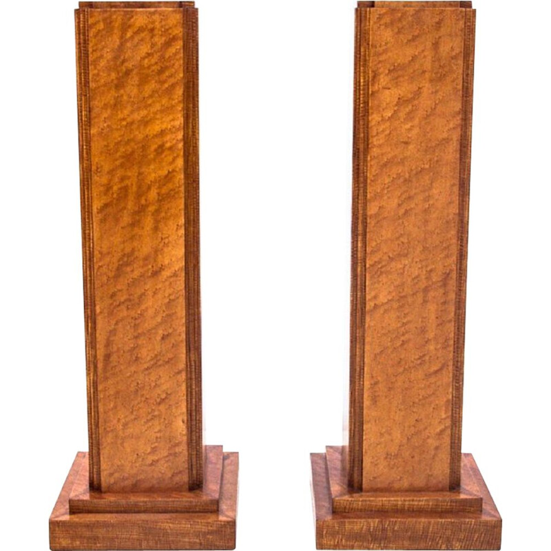 Pair of vintage walnut plinths with flower carving, Art Deco
