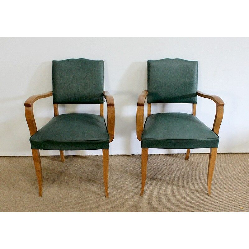 Pair of vintage Bridge armchairs in beechwood and skai, 1950s
