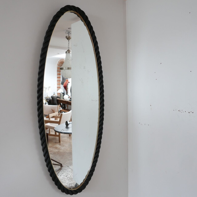 Oval mid-century rope mirror by Audoux-Minet, France 1960s