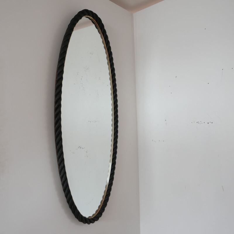 Miroir ovale vintage en corde par Audoux-Minet, France 1960