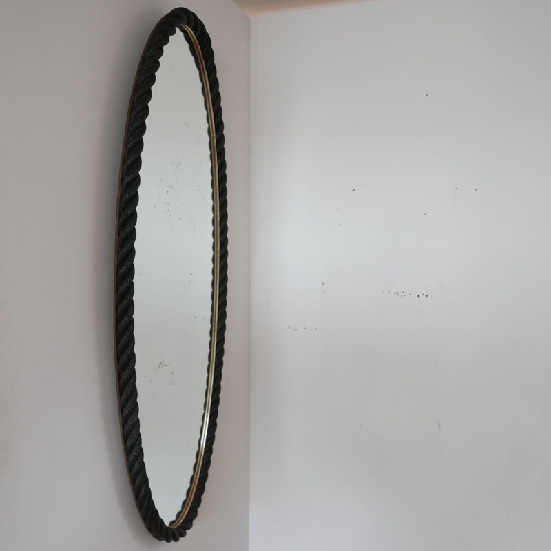 Miroir ovale vintage en corde par Audoux-Minet, France 1960