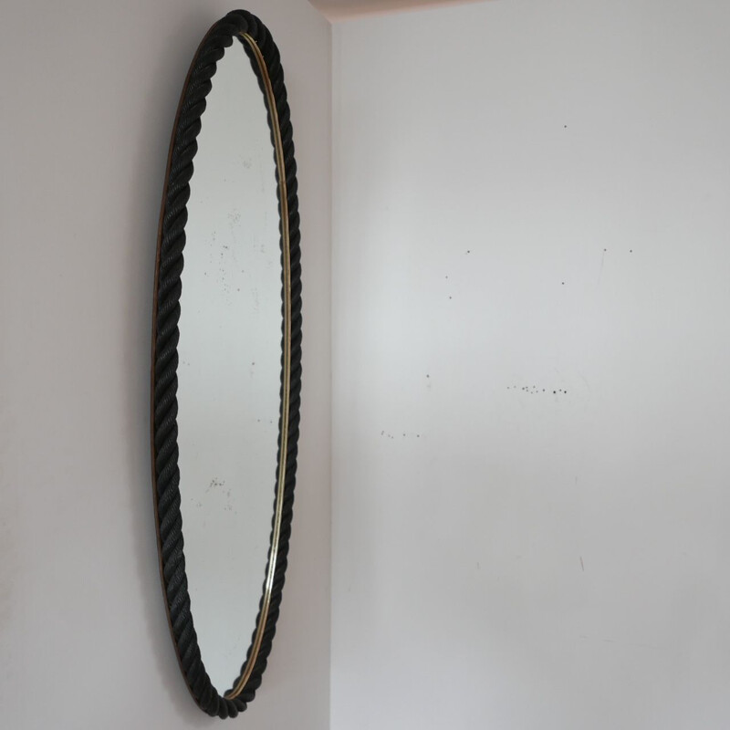 Oval mid-century rope mirror by Audoux-Minet, France 1960s