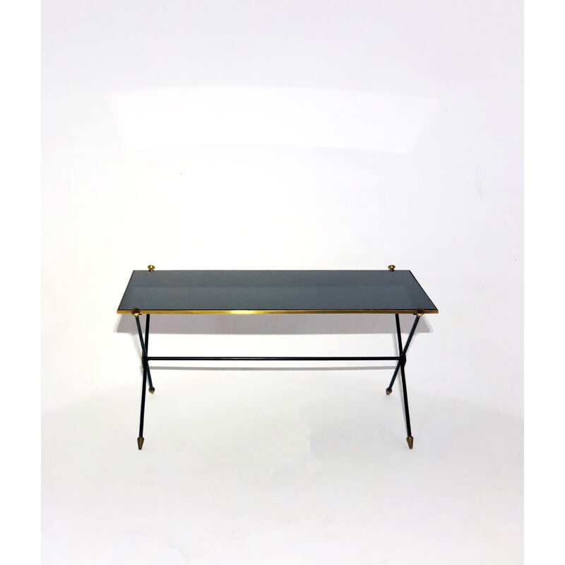 Table basse vintage en métal noir et laiton de Maison Jansen