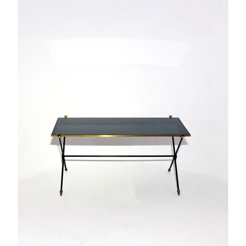 Vintage black metal and brass coffee table by Maison Jansen