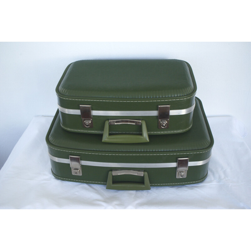 Pair of vintage suitcase green with key for Oldtimer, 1960s