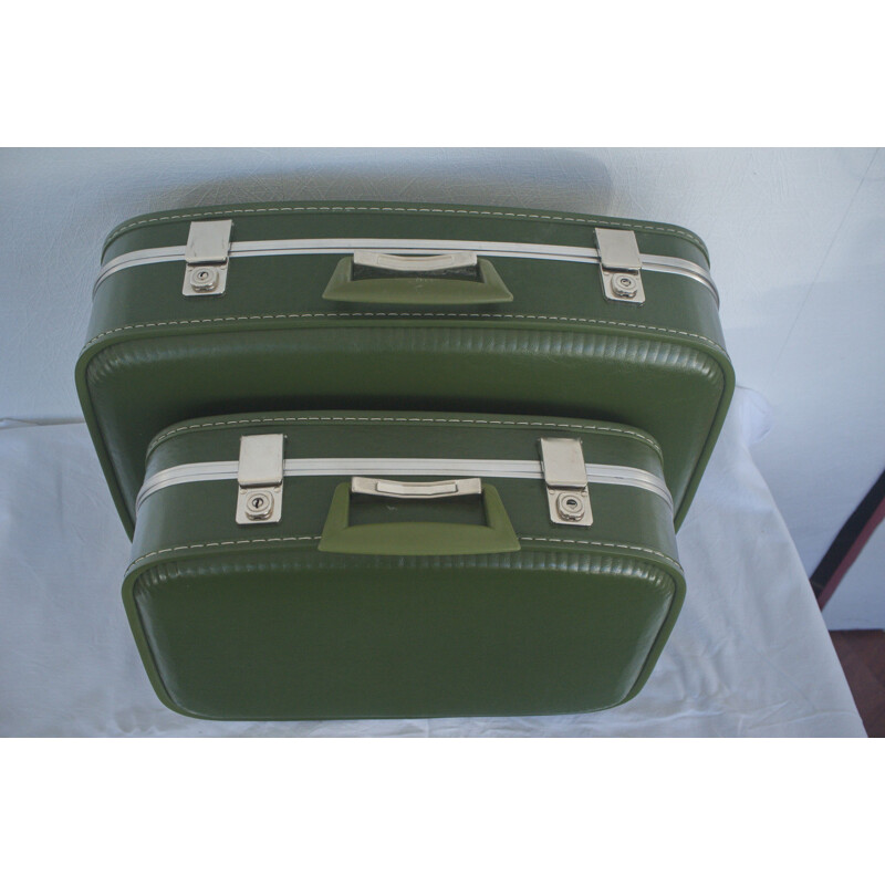 Pair of vintage suitcase green with key for Oldtimer, 1960s