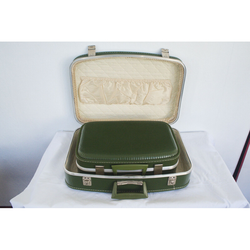 Pair of vintage suitcase green with key for Oldtimer, 1960s