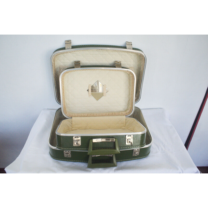 Pair of vintage suitcase green with key for Oldtimer, 1960s
