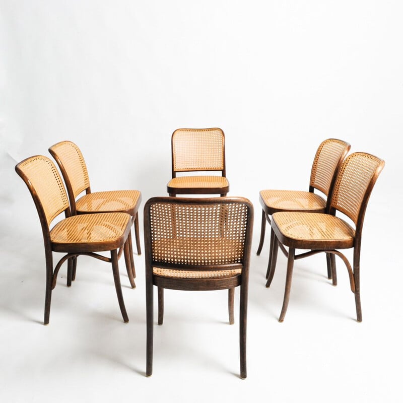 Set of 6 vintage Prague chairs by FMG Josef Hoffmann for Thonet, 1950s