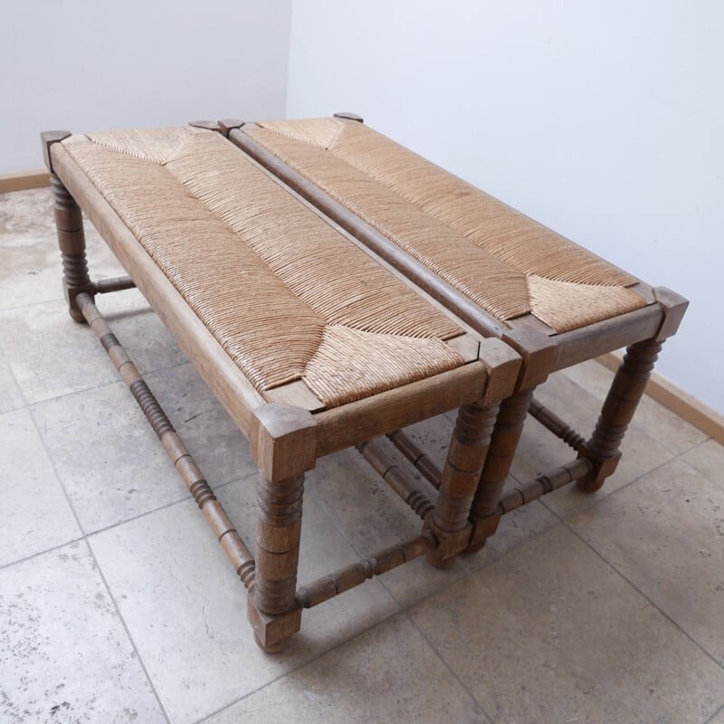 Pair of vintage Art Deco woven rush wooden benches by Charles Dudouyt, France 1930s