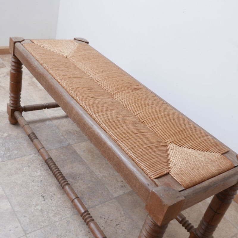 Pair of vintage Art Deco woven rush wooden benches by Charles Dudouyt, France 1930s