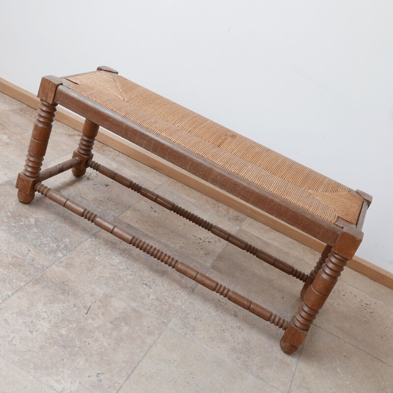 Pair of vintage Art Deco woven rush wooden benches by Charles Dudouyt, France 1930s