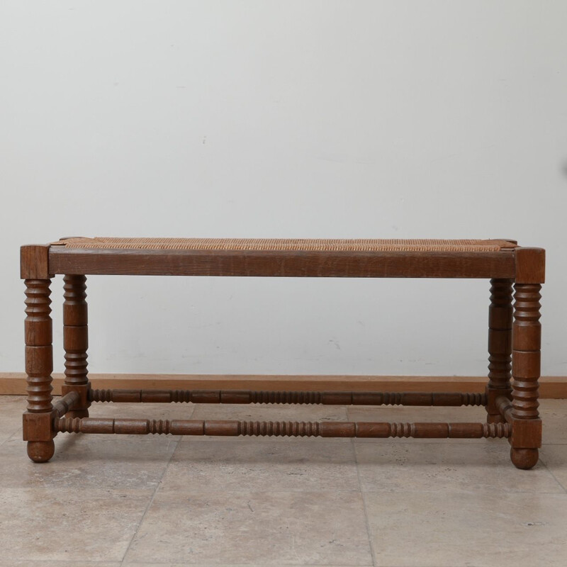 Pair of vintage Art Deco woven rush wooden benches by Charles Dudouyt, France 1930s