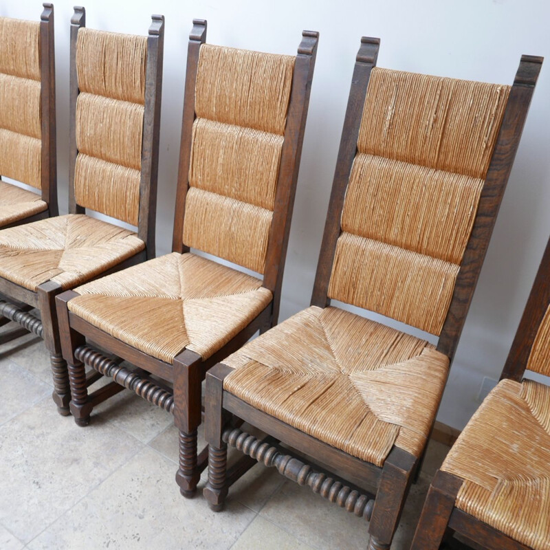 Set of 6 mid-century rush dining chairs by Charles Dudouyt, France 1950s