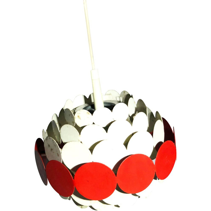 Vintage white and red metal pendant lamp, 1960s