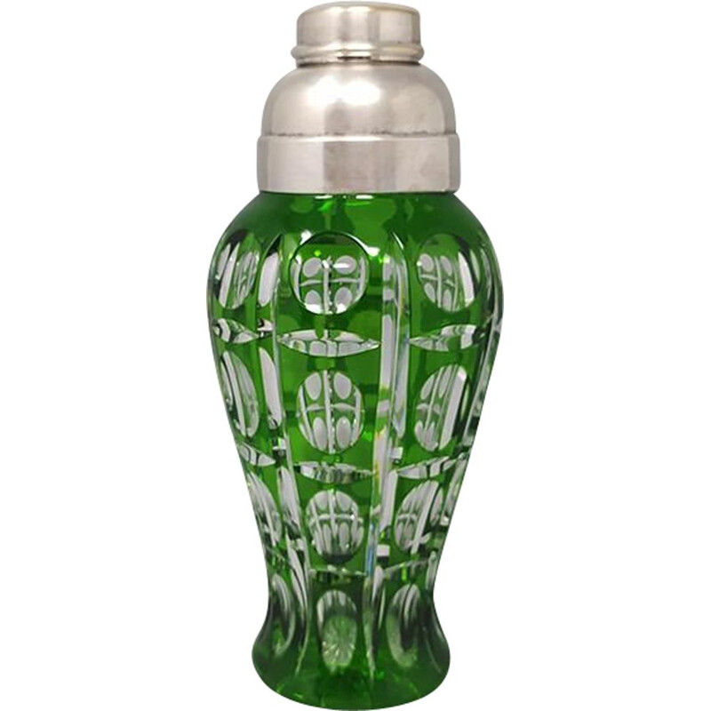 Vintage green bohemian cut crystal cocktail shaker, Italy 1960s