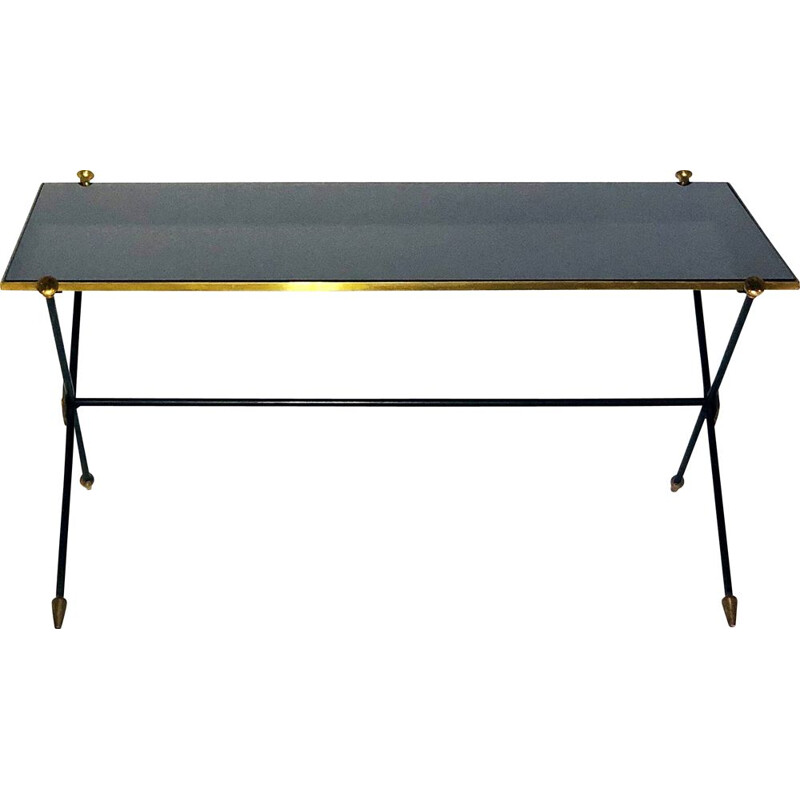 Table basse vintage en métal noir et laiton de Maison Jansen