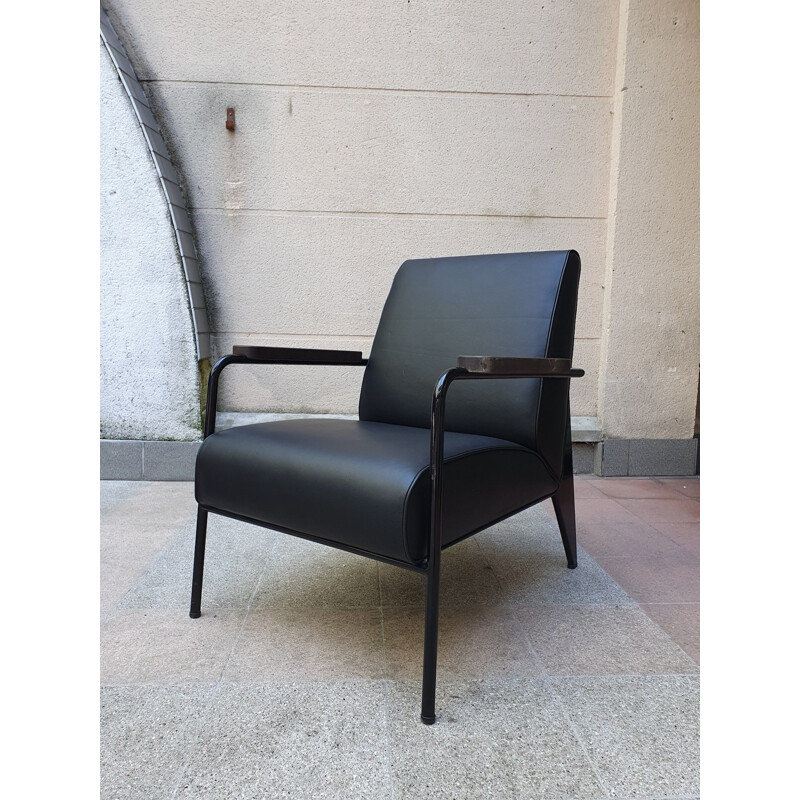 Mid century oakwood and black leather armchair by Jean Prouvé, 2019