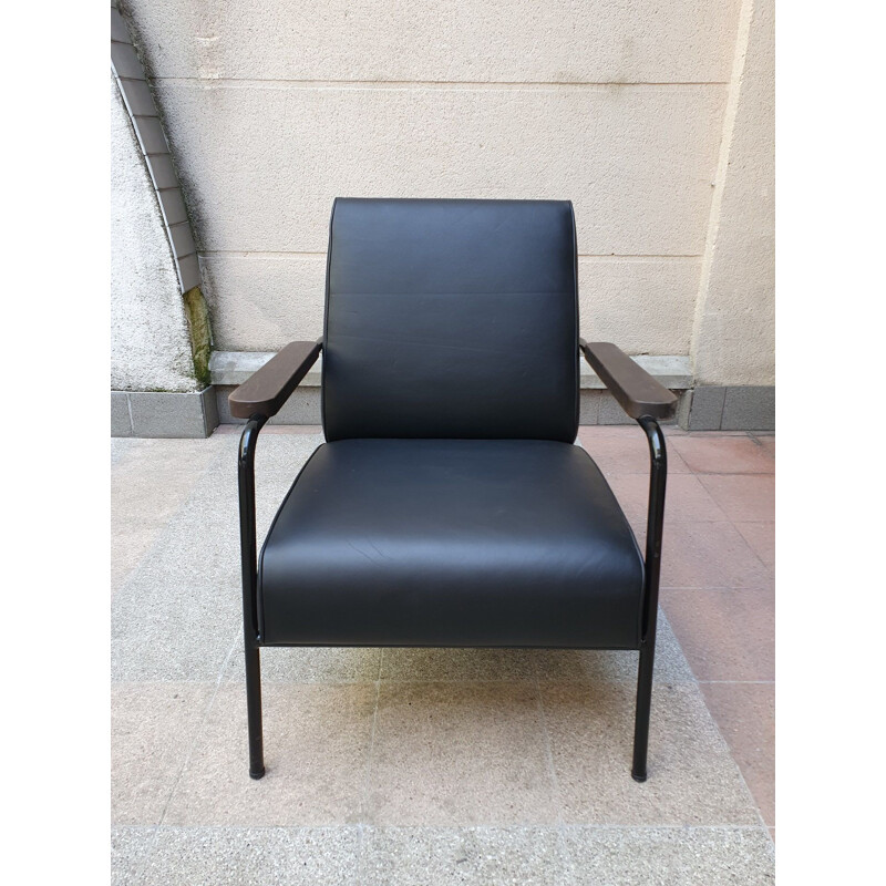 Mid century oakwood and black leather armchair by Jean Prouvé, 2019