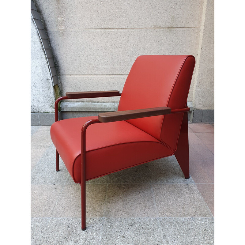 Fauteuil vintage en chêne et cuir rouge de Jean Prouvé, 2019