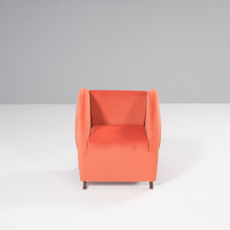 Virgola vintage peach orange velvet armchair by Yaakov Kaufman for Arflex, 1990s