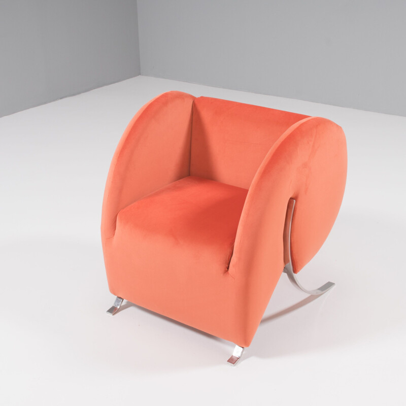 Virgola vintage peach orange velvet armchair by Yaakov Kaufman for Arflex, 1990s